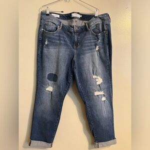 Torrid Womens Plus Boyfriend Fit Crop Distressed Patch Work Jeans Blue Sz 20R